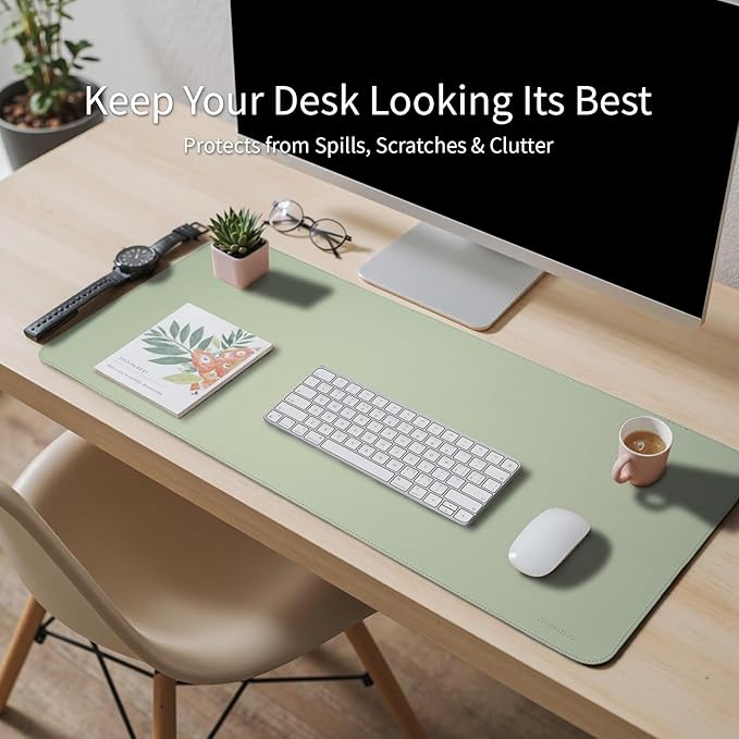 Oversized Non - Slip Desk Pad Protector with Premium Gift Box – Vegan Leather Waterproof Laptop Mat for Keyboard & Mouse, Grips Desk Firmly – Large Office Pad– Matcha Green | Desk Pads Blotters - TrueDesk