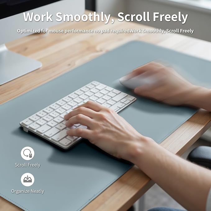 Oversized Non - Slip Desk Pad Protector with Premium Gift Box – Vegan Leather Waterproof Laptop Mat for Keyboard & Mouse, Grips Desk Firmly – Large Office Pad– Morning Fog Blue | Desk Pads Blotters - TrueDesk