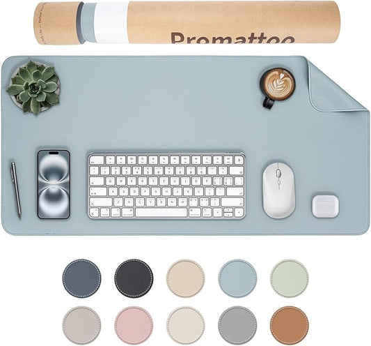 Oversized Non - Slip Desk Pad Protector with Premium Gift Box – Vegan Leather Waterproof Laptop Mat for Keyboard & Mouse, Grips Desk Firmly – Large Office Pad– Morning Fog Blue | Desk Pads Blotters - TrueDesk