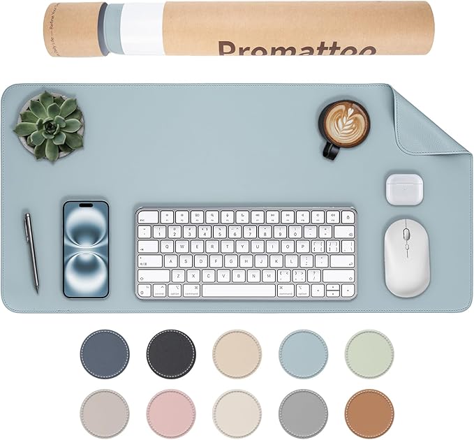Oversized Non - Slip Desk Pad Protector with Premium Gift Box – Vegan Leather Waterproof Laptop Mat for Keyboard & Mouse, Grips Desk Firmly – Large Office Pad– Morning Fog Blue | Desk Pads Blotters - TrueDesk