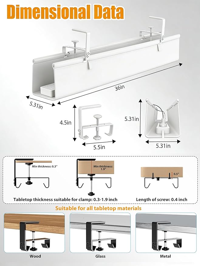 Oxford Cloth Under Desk Cable Management Tray,No - Drill 48" Desk Cable Management Organizer with Clip/Screw Installation,Fabric Cable Management for Home,Office & Gaming Computer(White) | Racks Cabinets - TrueDesk