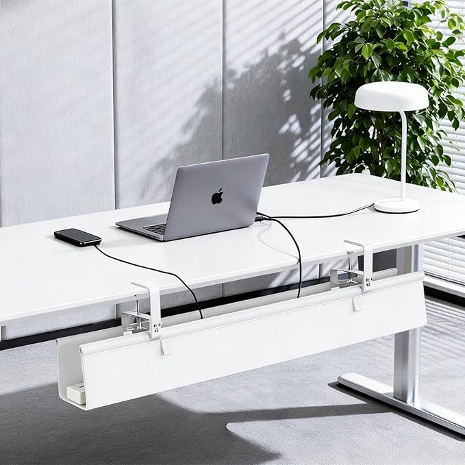 Oxford Cloth Under Desk Cable Management Tray,No - Drill 48" Desk Cable Management Organizer with Clip/Screw Installation,Fabric Cable Management for Home,Office & Gaming Computer(White) | Racks Cabinets - TrueDesk