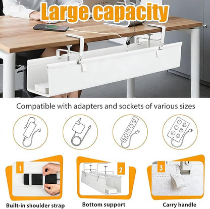 Oxford Cloth Under Desk Cable Management Tray,No - Drill 48" Desk Cable Management Organizer with Clip/Screw Installation,Fabric Cable Management for Home,Office & Gaming Computer(White) | Racks Cabinets - TrueDesk