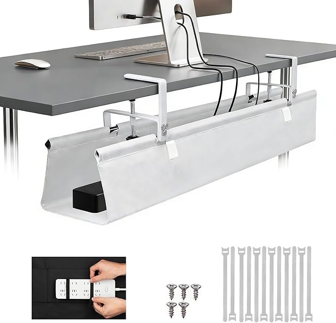 Oxford Cloth Under Desk Cable Management Tray,No - Drill 48" Desk Cable Management Organizer with Clip/Screw Installation,Fabric Cable Management for Home,Office & Gaming Computer(White) | Racks Cabinets - TrueDesk