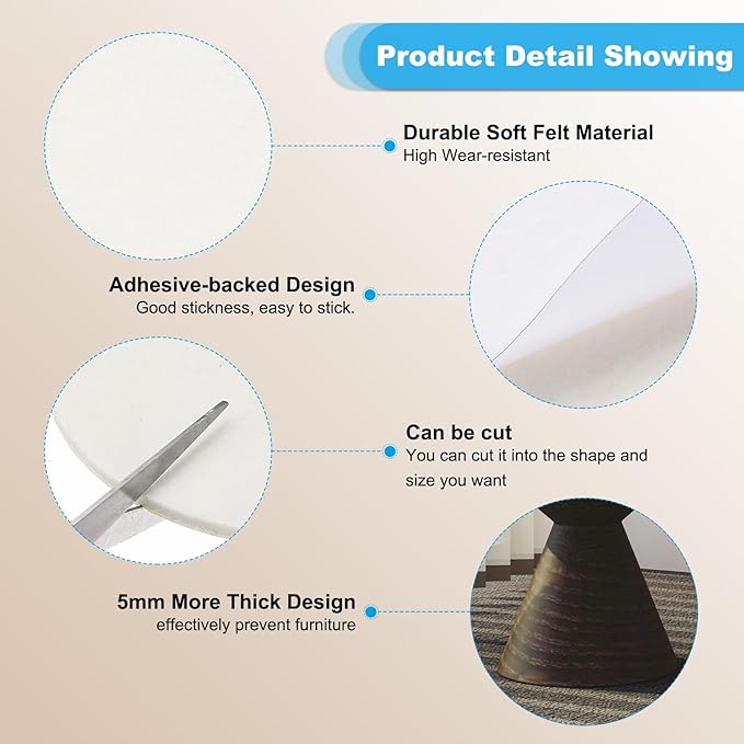 PATIKIL 5" Diameter Felt Furniture Pads, 8 Pack 1/5" Thick Lamp Base Felt Round Soft Adhesive Non - Slip Anti - Scratch Backed Felt Floor Protector for Lamp Furniture DIY Craft, White | Furniture Pads - TrueDesk