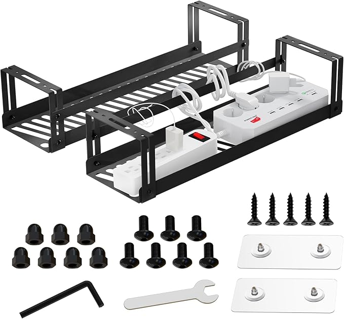 PAVSTINE Under Desk Cable Management Tray, 17 in Metal Cable Tray Basket for Wire Management, Power Strip Holder, Cord Organizer, Wire Tamer for Home/Office Desk Cable Hider Black, 2 Pack | Cable Raceways - TrueDesk