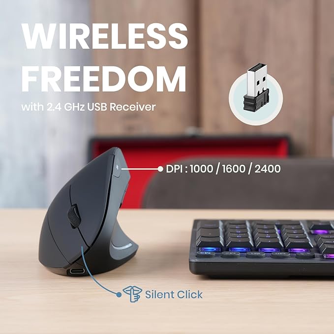Perixx PERIMICE - 713R Wireless Rechargeable Vertical Mouse - Duo Wired and Wireless Charging Feature - 6 Buttons Design - Black - Right - Handed Design | Mice - TrueDesk