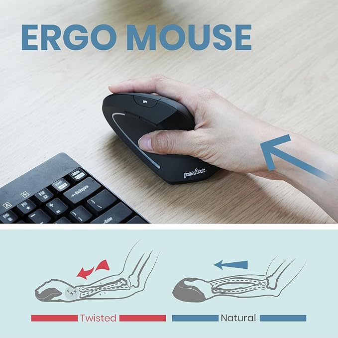 Perixx PERIMICE - 713R Wireless Rechargeable Vertical Mouse - Duo Wired and Wireless Charging Feature - 6 Buttons Design - Black - Right - Handed Design | Mice - TrueDesk