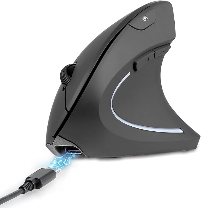 Perixx PERIMICE - 713R Wireless Rechargeable Vertical Mouse - Duo Wired and Wireless Charging Feature - 6 Buttons Design - Black - Right - Handed Design | Mice - TrueDesk