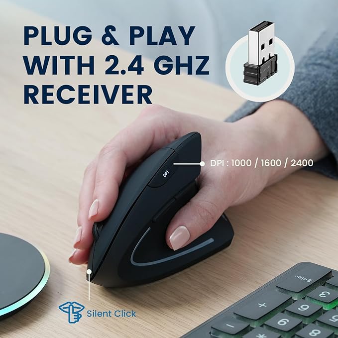 Perixx PERIMICE - 713RX Wireless Rechargeable Vertical Mouse - Duo Wired and Wireless Charging Feature - Charging Pad Included - 6 Buttons Design - Black - Right - Handed Design | Mice - TrueDesk