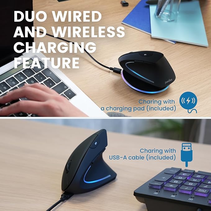 Perixx PERIMICE - 713RX Wireless Rechargeable Vertical Mouse - Duo Wired and Wireless Charging Feature - Charging Pad Included - 6 Buttons Design - Black - Right - Handed Design | Mice - TrueDesk