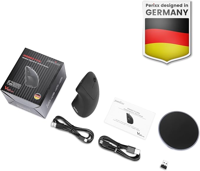 Perixx PERIMICE - 713RX Wireless Rechargeable Vertical Mouse - Duo Wired and Wireless Charging Feature - Charging Pad Included - 6 Buttons Design - Black - Right - Handed Design | Mice - TrueDesk