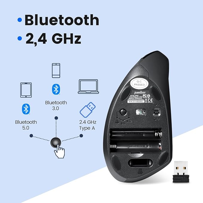 Perixx PERIMICE - 813B Bluetooth Vertical Mouse - Wireless 3 - in - 1 Multi - Device Technology - Travelling Carry Bag - Black - Right Handed | Mice - TrueDesk