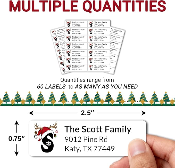 Personalized Christmas Address Labels - Custom Address Labels with Monogram (Reindeer Topper) | All - Purpose Labels - TrueDesk