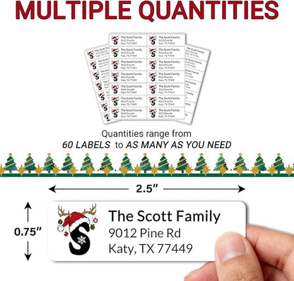 Personalized Christmas Address Labels - Custom Address Labels with Monogram (Reindeer Topper) | All - Purpose Labels - TrueDesk
