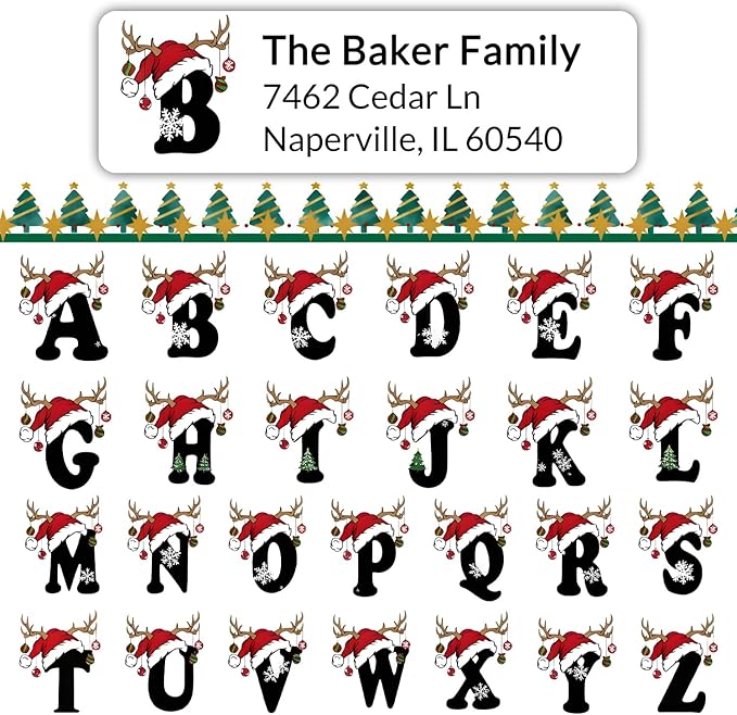Personalized Christmas Address Labels - Custom Address Labels with Monogram (Reindeer Topper) | All - Purpose Labels - TrueDesk
