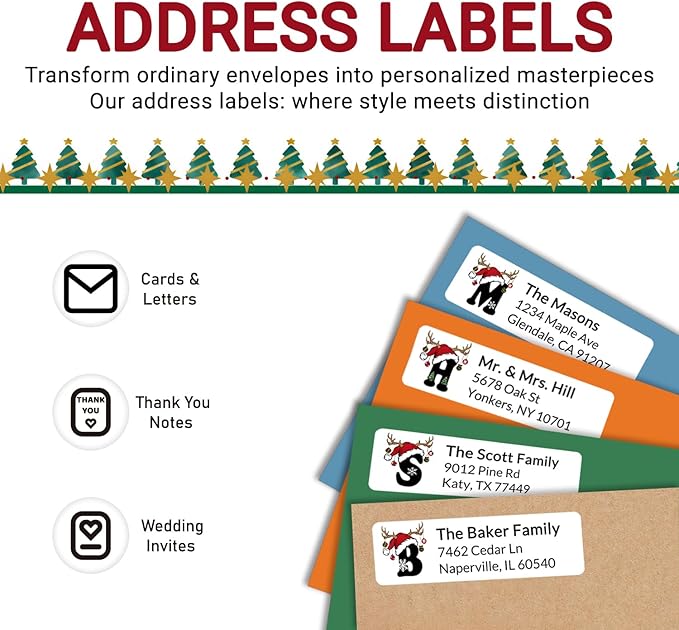 Personalized Christmas Address Labels - Custom Address Labels with Monogram (Reindeer Topper) | All - Purpose Labels - TrueDesk