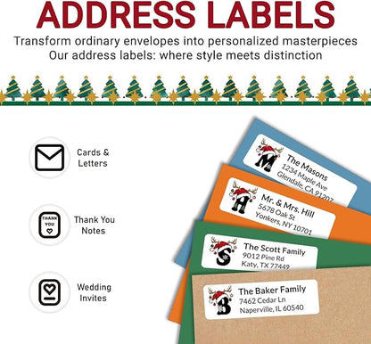 Personalized Christmas Address Labels - Custom Address Labels with Monogram (Reindeer Topper) | All - Purpose Labels - TrueDesk