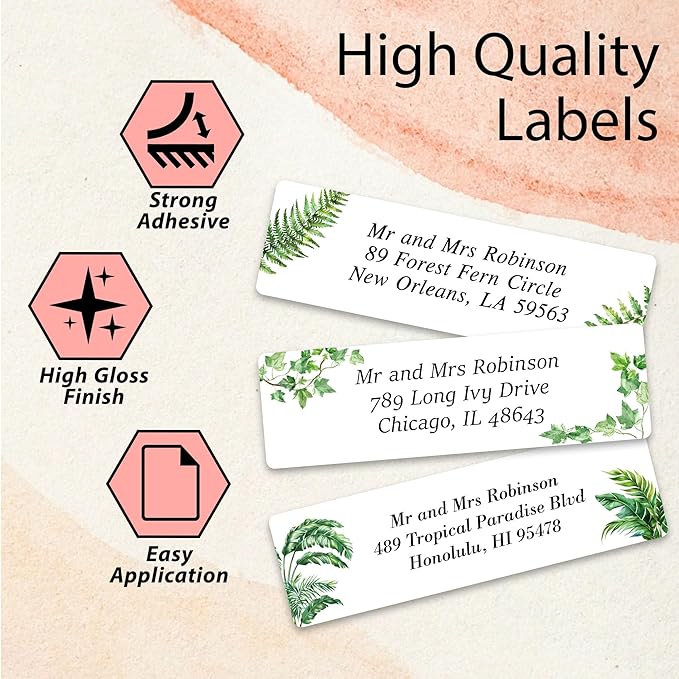 Personalized Return Address Labels Greenery - High Gloss Custom Mailing Labels on Sheets - Self - Adhesive Return Stickers for Envelopes with Crisp Printing Design (50 - 1000) | Address Labels - TrueDesk