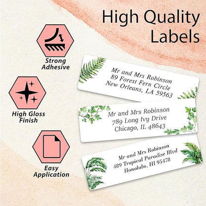 Personalized Return Address Labels Greenery - High Gloss Custom Mailing Labels on Sheets - Self - Adhesive Return Stickers for Envelopes with Crisp Printing Design (50 - 1000) | Address Labels - TrueDesk