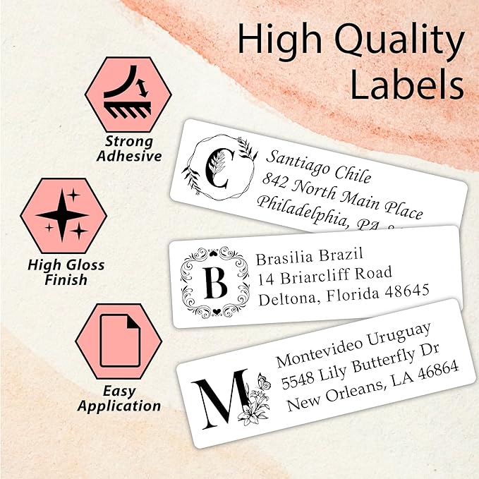 Personalized Return Address Labels Monogram - High Gloss Custom Mailing Labels on Sheets - Self - Adhesive Return Stickers for Envelopes with Crisp Printing Design (Small Labels White) | Address Labels - TrueDesk