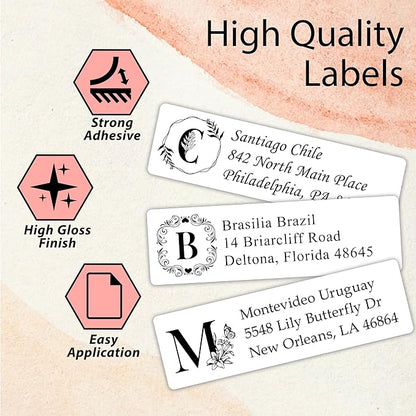 Personalized Return Address Labels Monogram - High Gloss Custom Mailing Labels on Sheets - Self - Adhesive Return Stickers for Envelopes with Crisp Printing Design (Small Labels White) | Address Labels - TrueDesk