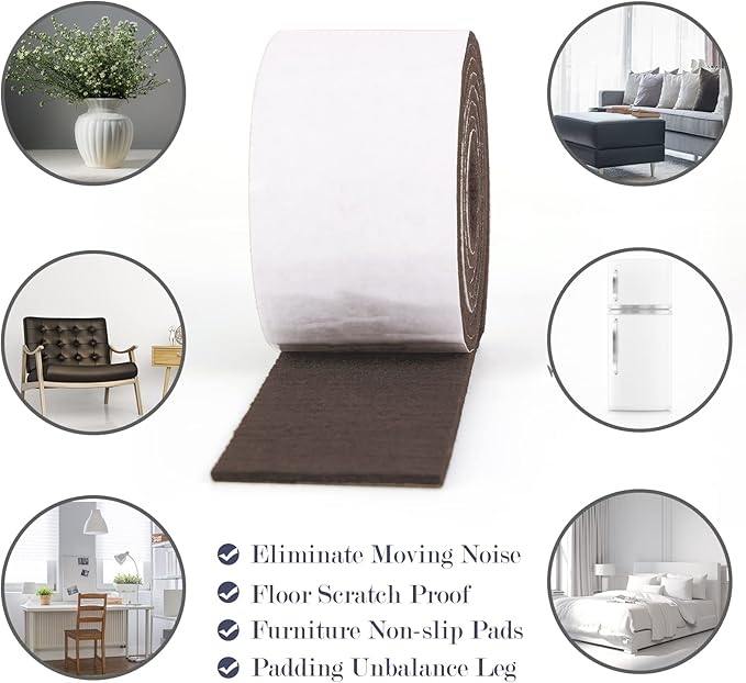 Pllieay 2 Pack Felt Strip Rolls with Adhesive Backing Heavy - Duty Felt Furniture Pads for Hardwood Floors and Rocking Chair to Protect Surface from Scratches & Damage(Brown, 118 x 2 x 0.12 Inch) | Furniture Pads - TrueDesk