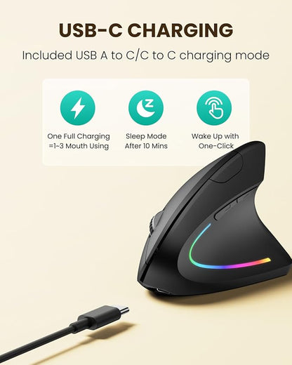 POJTK Ergonomic Wireless Rechargeable Mouse, Bluetooth+USB A+Type C(3 in 1) Connection, 5 Levels Up to 4800 DPI, 6 Silent Buttons, 2.4GHz Carpal Tunnel Vertical Mice, for Laptop, Desktop,MacBook - black | Mice - TrueDesk