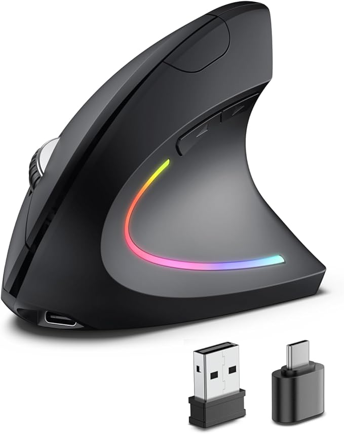 POJTK Ergonomic Wireless Rechargeable Mouse, Bluetooth+USB A+Type C(3 in 1) Connection, 5 Levels Up to 4800 DPI, 6 Silent Buttons, 2.4GHz Carpal Tunnel Vertical Mice, for Laptop, Desktop,MacBook - black | Mice - TrueDesk