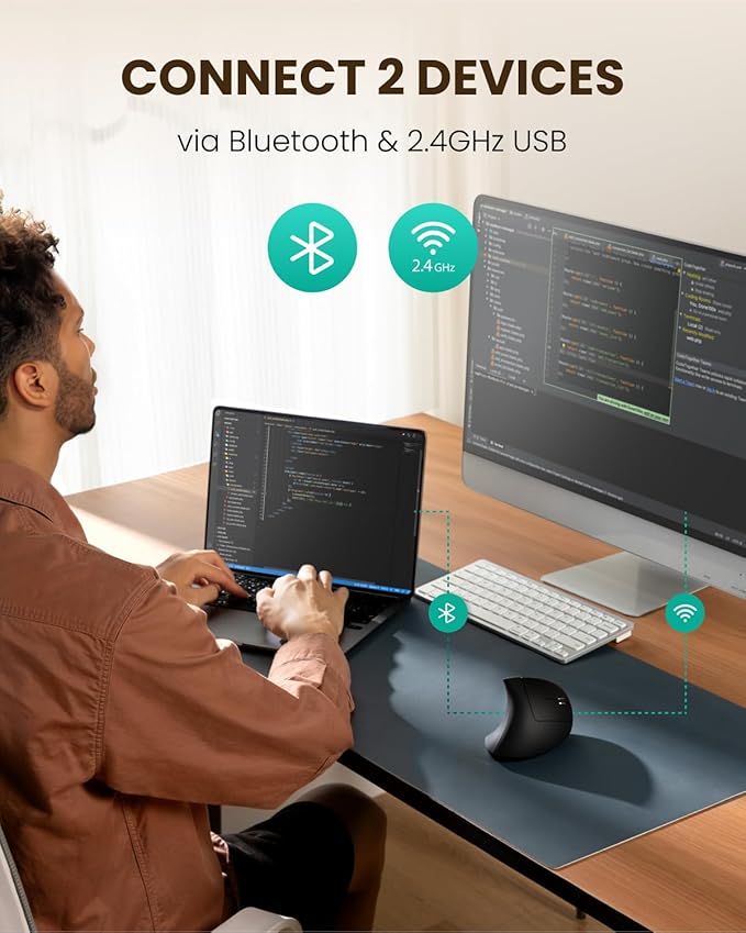 POJTK Ergonomic Wireless Rechargeable Mouse, Bluetooth+USB A+Type C(3 in 1) Connection, 5 Levels Up to 4800 DPI, 6 Silent Buttons, 2.4GHz Carpal Tunnel Vertical Mice, for Laptop, Desktop,MacBook - black | Mice - TrueDesk