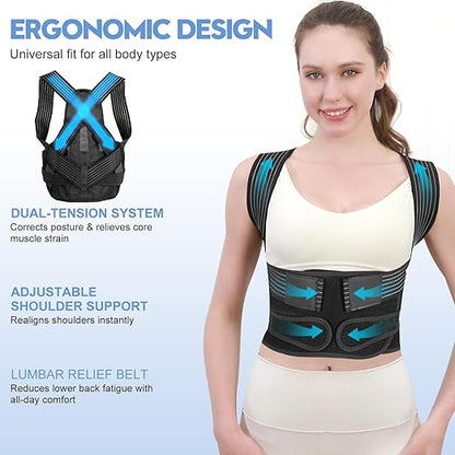 Posture Corrector for Women and Men with Bionic System, Upgraded Back Brace, Adjustable Full Back Support, Shoulder Straightener, Neck, Upper and Lower Back Pain Relief | Back Braces - TrueDesk