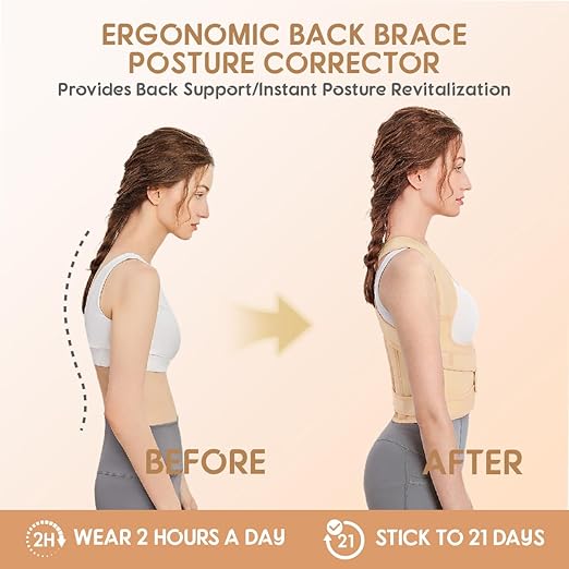Posture Corrector for Women & Men, Adjustable Back Brace with Full Back & Shoulder Support, Spine Alignment for Upper Back Pain Relief, Scoliosis & Hunchback (Beige, M) | Back Braces - TrueDesk