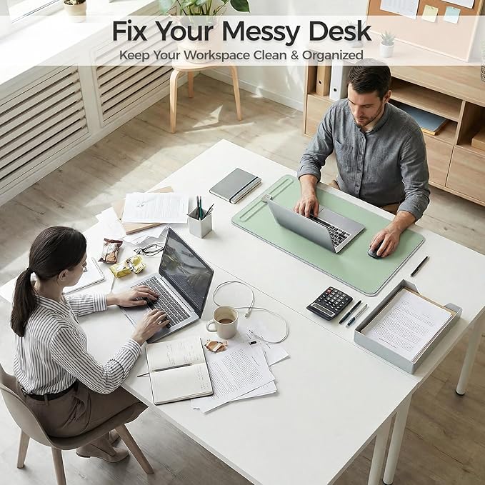 Premium Double - Sided Faux Leather Desk Pad – Non - Slip, Waterproof, with Magnetic Cable Organizer & File Storage – Designed for Offices & Creative Spaces – Durable & Easy to Clean（Green） | Desk Pads Blotters - TrueDesk