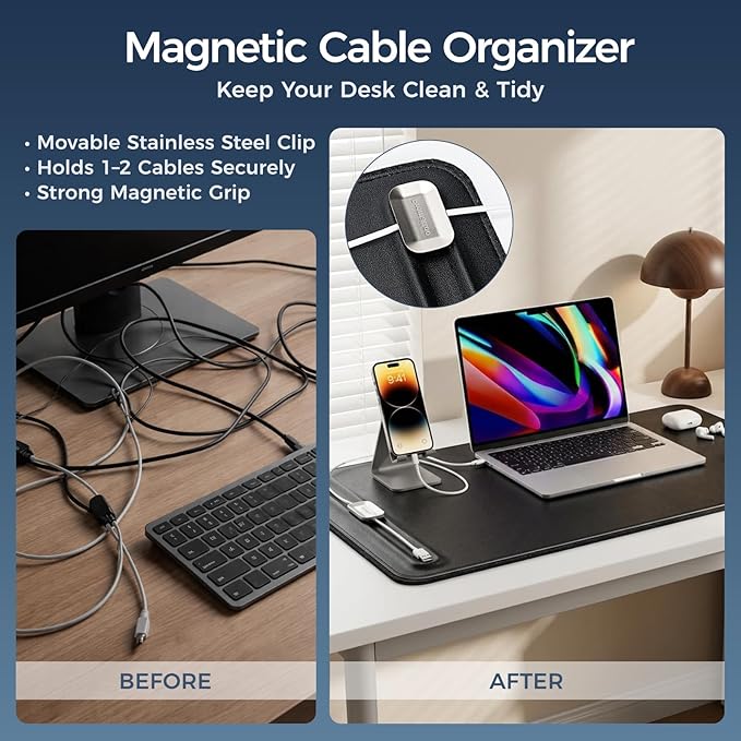 Premium Double - Sided Faux Leather Desk Pad – Non - Slip, Waterproof, with Magnetic Cable Organizer & File Storage – Designed for Offices & Creative Spaces – Durable & Easy to Clean（Black） | Desk Pads Blotters - TrueDesk