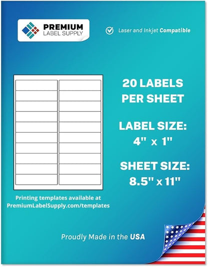 Premium Label Supply White Sticker Address Labels – 4" x 1" – Laser/Inkjet Compatible – (20 per Sheet), 2000 Sheets – 40,000 Total Adhesive Labels | Laser Inkjet Printer Labels - TrueDesk