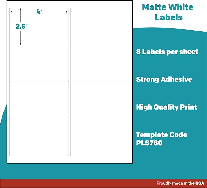 Premium Label Supply White Sticker Shipping/Mailing Labels – 4" x 2.5" – Laser/Inkjet Compatible – (8 per Sheet), 100 Sheets – 800 Total Adhesive Labels | Laser Inkjet Printer Labels - TrueDesk