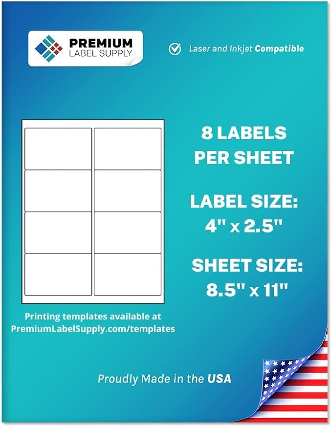 Premium Label Supply White Sticker Shipping/Mailing Labels – 4" x 2.5" – Laser/Inkjet Compatible – (8 per Sheet), 25 Sheets – 200 Total Adhesive Labels | Laser Inkjet Printer Labels - TrueDesk
