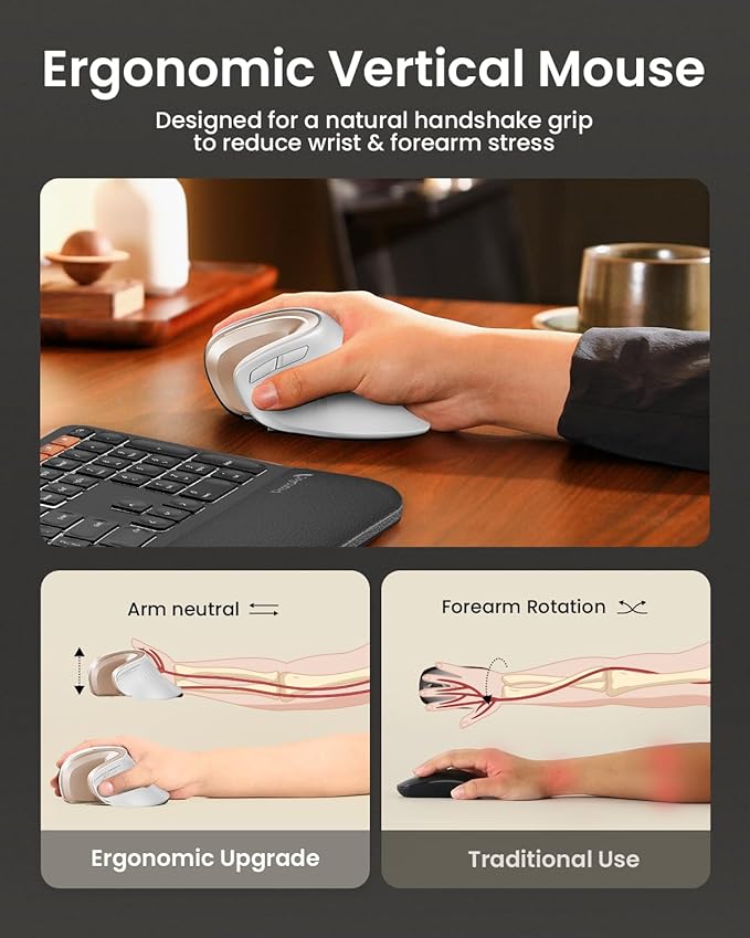 ProtoArc Ergonomic Mouse, EM11 NL Bluetooth Rechargeable Wireless Vertical Mouse, 3 Multi - Device Connectivity for Computer/PC/Laptop, 2.4GHz USB - A Optical Mice for Windows, Mac OS, White Gold | Mice - TrueDesk