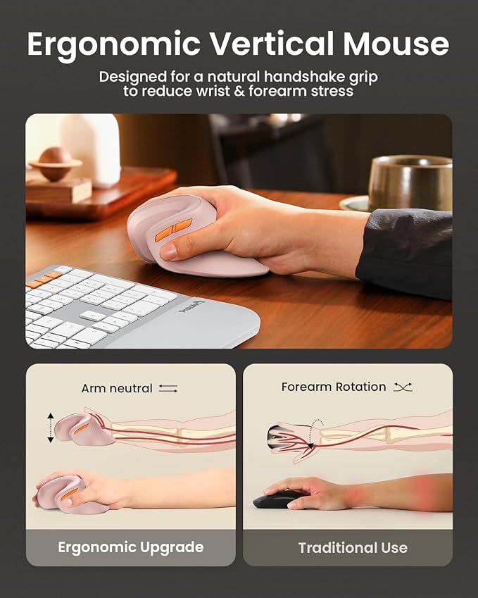 ProtoArc Ergonomic Mouse, EM11 NL Bluetooth Rechargeable Wireless Vertical Mouse, 3 Multi - Device Connectivity for Computer/PC/Laptop, 2.4GHz USB - A Optical Mice for Windows, Mac OS, Pink | Mice - TrueDesk
