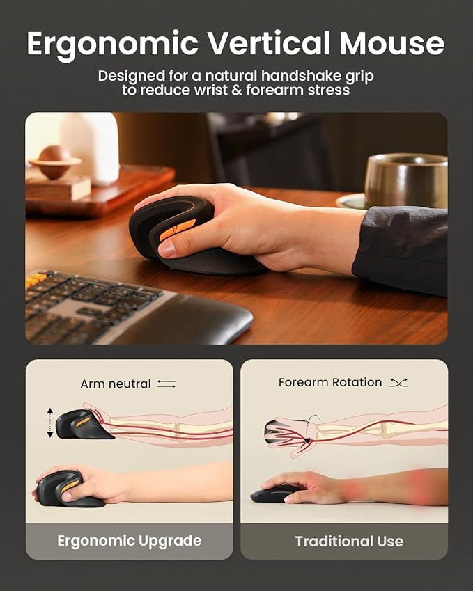ProtoArc Ergonomic Mouse, EM11 NL Bluetooth Rechargeable Wireless Vertical Mouse, 3 Multi - Device Connectivity for Computer/PC/Laptop, 2.4GHz USB - A Optical Mice for Windows, Mac OS, Black | Mice - TrueDesk