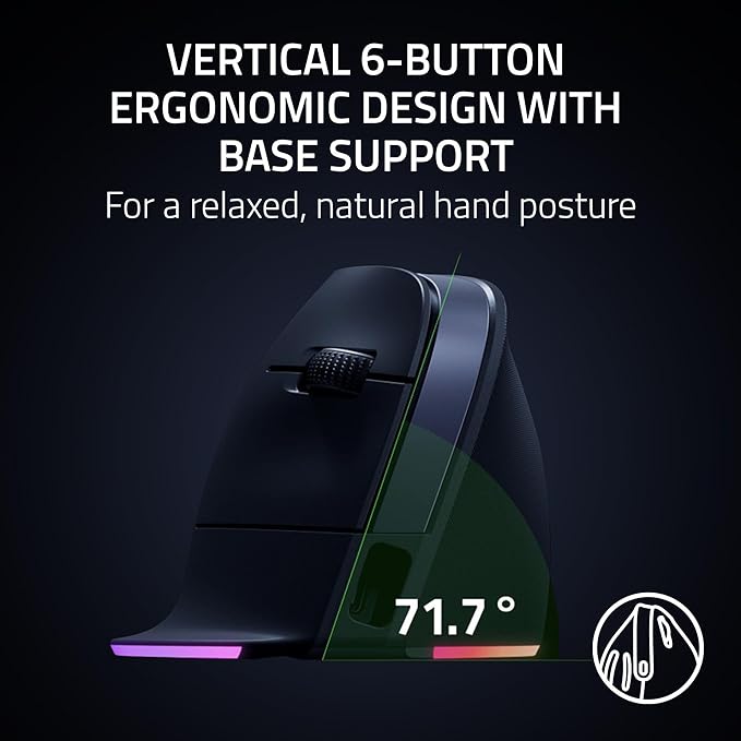 Razer Pro Click V2 Vertical Wireless Mouse: 6 Button Ergonomic Design - One Click AI Prompt - Supports Windows & Mac - Multi Device Connectivity via 2.4GHz, Bluetooth, or USB C Wired Mode - Chroma RGB | Mice - TrueDesk