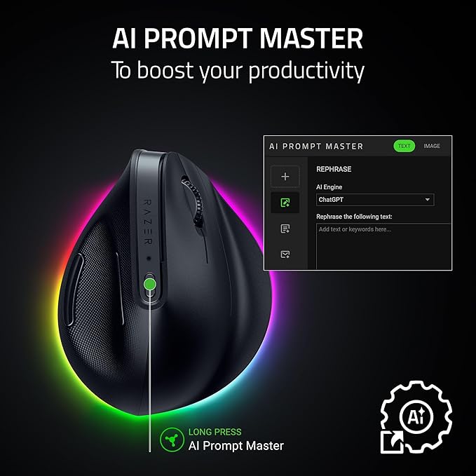 Razer Pro Click V2 Vertical Wireless Mouse: 6 Button Ergonomic Design - One Click AI Prompt - Supports Windows & Mac - Multi Device Connectivity via 2.4GHz, Bluetooth, or USB C Wired Mode - Chroma RGB | Mice - TrueDesk