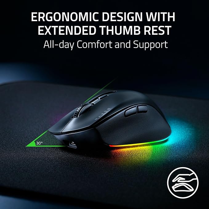 Razer Pro Click V2 Wireless Mouse: Right - Handed Ergonomic Design with Thumb Rest - AI Prompt - Long Battery Life - Multi Device Connectivity via 2.4GHz, Bluetooth, or USB C Wired Mode - Chroma RGB | Mice - TrueDesk