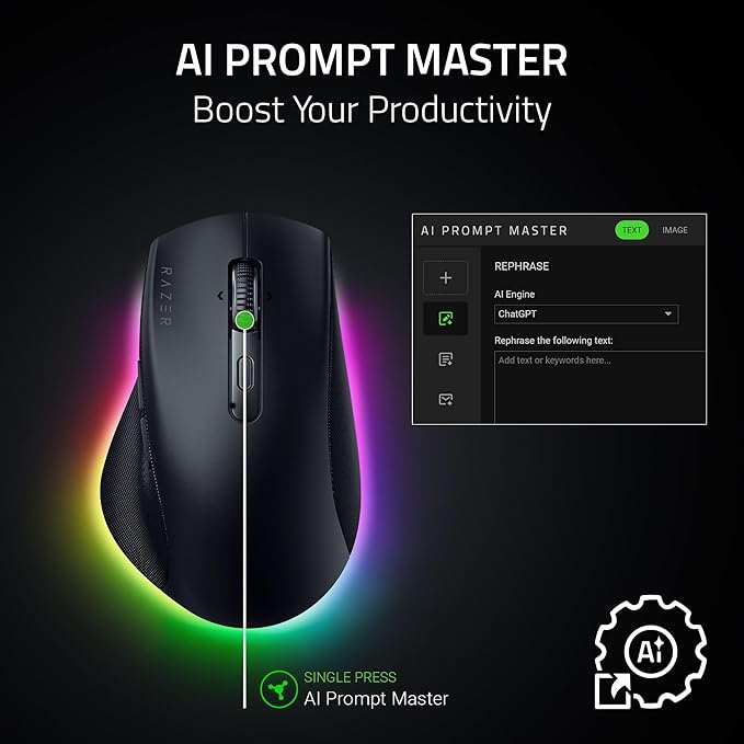 Razer Pro Click V2 Wireless Mouse: Right - Handed Ergonomic Design with Thumb Rest - AI Prompt - Long Battery Life - Multi Device Connectivity via 2.4GHz, Bluetooth, or USB C Wired Mode - Chroma RGB | Mice - TrueDesk