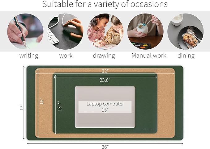 RENMTURE Desk Pad, Cork & PU Leather Desk Mat, Large Mouse pad, Non - Slip Desk Protector and Blotter, Waterproof Writing Pad, Desk Accessories and Organizers for Home Office (Deep Green,23.6" x 13.7") | Desk Pads Blotters - TrueDesk