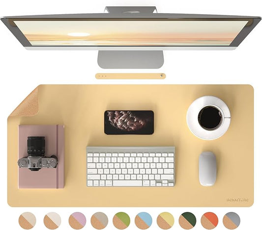 RENMTURE Desk Pad, Cork & PU Leather Desk Mat, Large Mouse pad, Non - Slip Desk Protector and Blotter, Waterproof Writing Pad, Desk Accessories and Organizers for Home Office (Light Yellow, 32"x16") | Desk Pads Blotters - TrueDesk