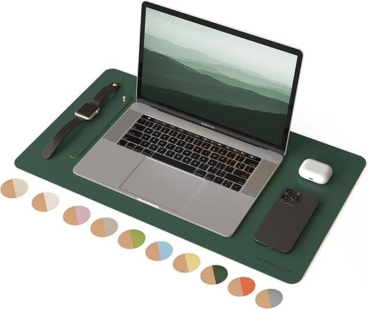 RENMTURE Desk Pad, Cork & PU Leather Desk Mat, Large Mouse pad, Non - Slip Desk Protector and Blotter, Waterproof Writing Pad, Desk Accessories and Organizers for Home Office (Deep Green,23.6" x 13.7") | Desk Pads Blotters - TrueDesk