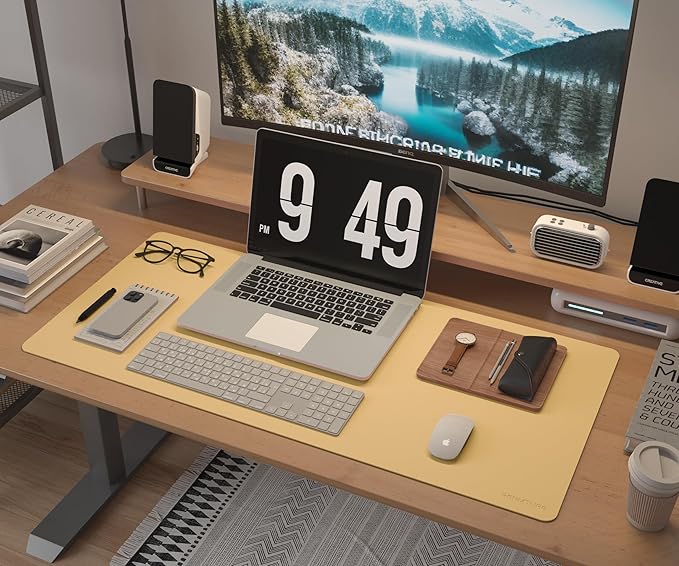 RENMTURE Desk Pad, Cork & PU Leather Desk Mat, Large Mouse pad, Non - Slip Desk Protector and Blotter, Waterproof Writing Pad, Desk Accessories and Organizers for Work (Light Yellow, 23.6" x 13.7") | Desk Pads Blotters - TrueDesk