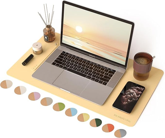 RENMTURE Desk Pad, Cork & PU Leather Desk Mat, Large Mouse pad, Non - Slip Desk Protector and Blotter, Waterproof Writing Pad, Desk Accessories and Organizers for Work (Light Yellow, 23.6" x 13.7") | Desk Pads Blotters - TrueDesk