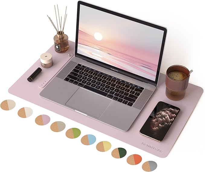 RENMTURE Dual - Sided Large Desk Pad, Faux Leather Natural Cork Mouse pad, Desk Accessories Protector, for Office and Home Work (Dusky Pink, 23.6" x 13.7") | Desk Pads Blotters - TrueDesk